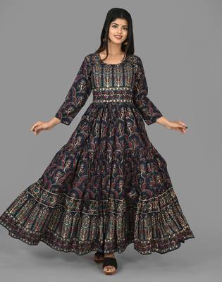 KAAJH Blue Embroidery Printed Cotton Anarkali Kurta 1