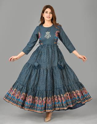 KAAJH Blue Embroidery Printed Cotton Anarkali Kurta 1