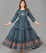 KAAJH Blue Embroidery Printed Cotton Anarkali Kurta