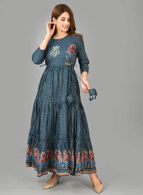 KAAJH Blue Embroidery Printed Cotton Anarkali Kurta 3