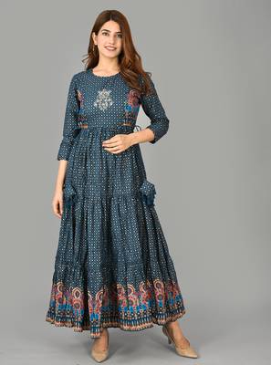 KAAJH Blue Embroidery Printed Cotton Anarkali Kurta 5