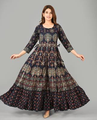 KAAJH Blue Embroidery Printed Cotton Anarkali Kurta 1