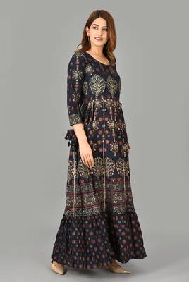 KAAJH Blue Embroidery Printed Cotton Anarkali Kurta 3
