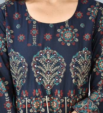KAAJH Blue Embroidery Printed Cotton Anarkali Kurta 4