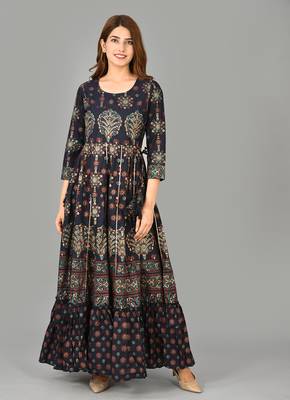 KAAJH Blue Embroidery Printed Cotton Anarkali Kurta 5