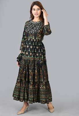 KAAJH Black Embroidery Printed Cotton Anarkali Kurta 4