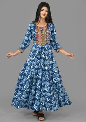 KAAJH Blue Printed Cotton  Anarkali Kurta 1