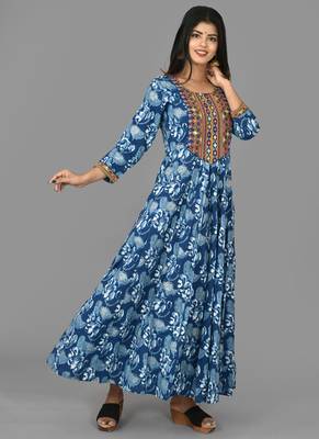 KAAJH Blue Printed Cotton  Anarkali Kurta 3