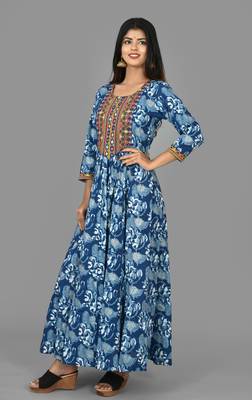 KAAJH Blue Printed Cotton  Anarkali Kurta 4