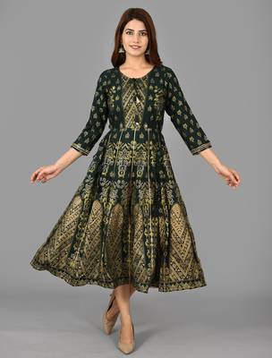 KAAJH Green Gold Printed Rayon Anarkali Kurta 1