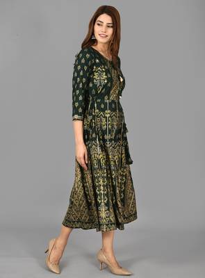 KAAJH Green Gold Printed Rayon Anarkali Kurta 3