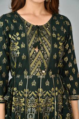 KAAJH Green Gold Printed Rayon Anarkali Kurta 4