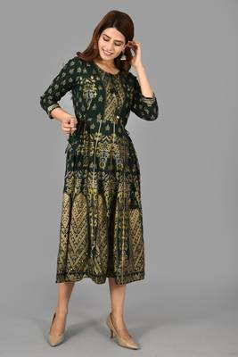 KAAJH Green Gold Printed Rayon Anarkali Kurta 5