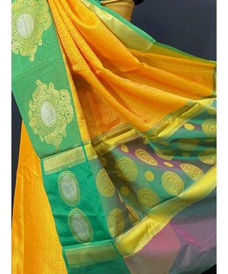 Kora Tanchui Zari Border Parrot Green With Contrast Blose 4