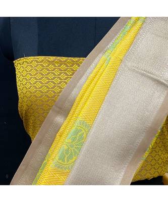 Yellow Tanchui Buta Saree Creanm Blouse 2