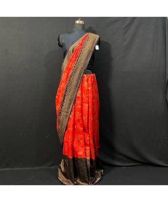 Dupion Red Silk Saree Black Blouse 1