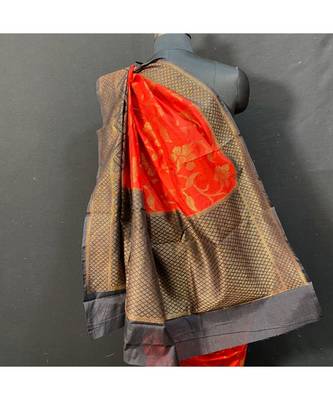 Dupion Red Silk Saree Black Blouse 3