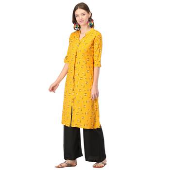 Yellow printed rayon kurtas-and-kurtis 3