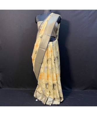 Orghanza Cream Saree With Black Brocket Blouse 1