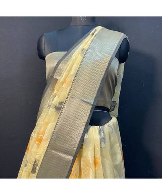 Orghanza Cream Saree With Black Brocket Blouse 2