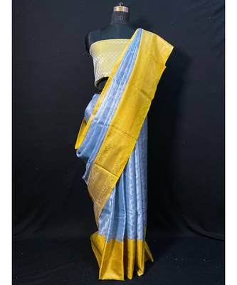 Grey Kanchi Brocket Saree Yellow Blouse 1