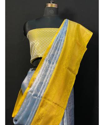 Grey Kanchi Brocket Saree Yellow Blouse 2