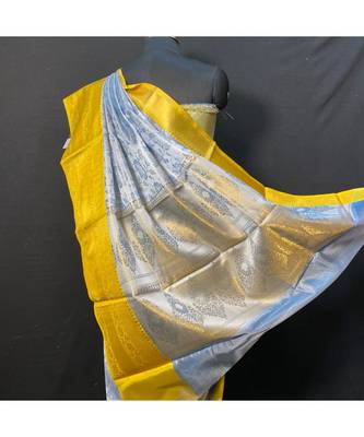 Grey Kanchi Brocket Saree Yellow Blouse 3