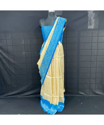 Cream Softy Silk With Sky Blue Blose 1