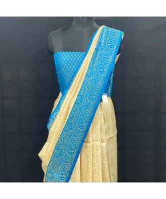 Cream Softy Silk With Sky Blue Blose 2