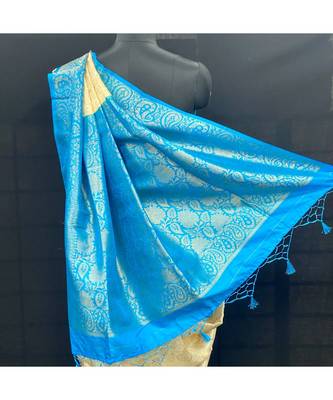 Cream Softy Silk With Sky Blue Blose 3
