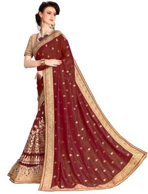 Trendmalls Brown embroidered silk saree with blouse  3