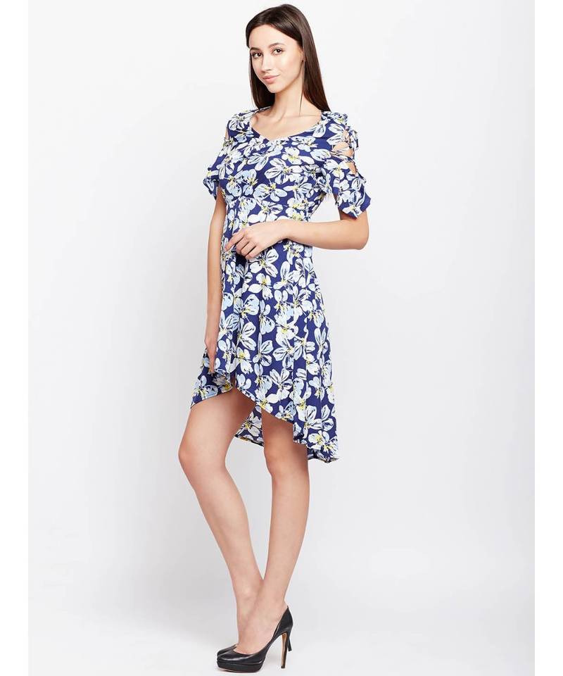 blue printed Polyester Dress