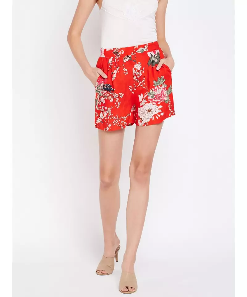 Red printed Polyester Short