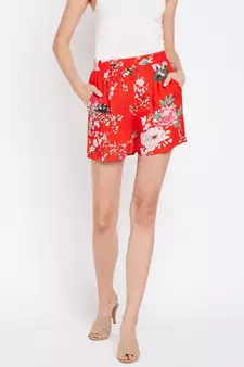 Red printed Polyester Short