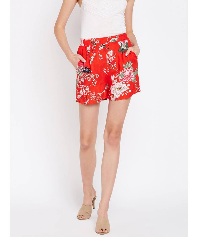 Red printed Polyester Short