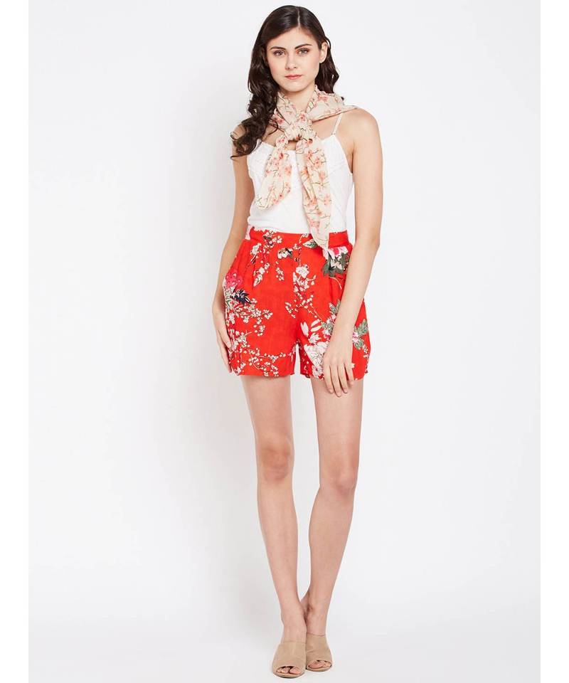 Red printed Polyester Short
