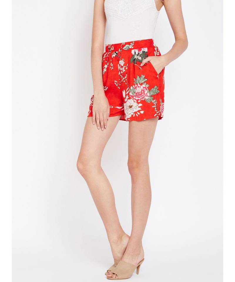 Red printed Polyester Short