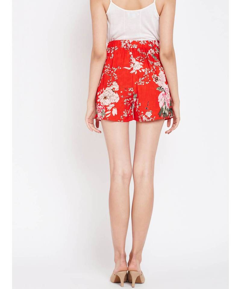Red printed Polyester Short