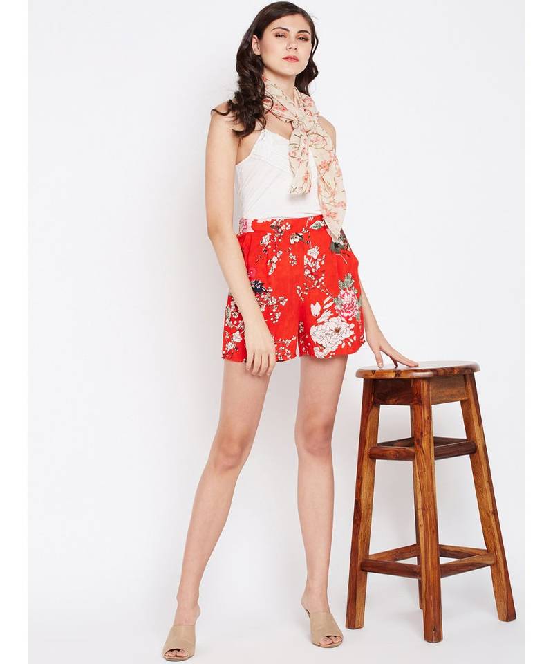 Red printed Polyester Short