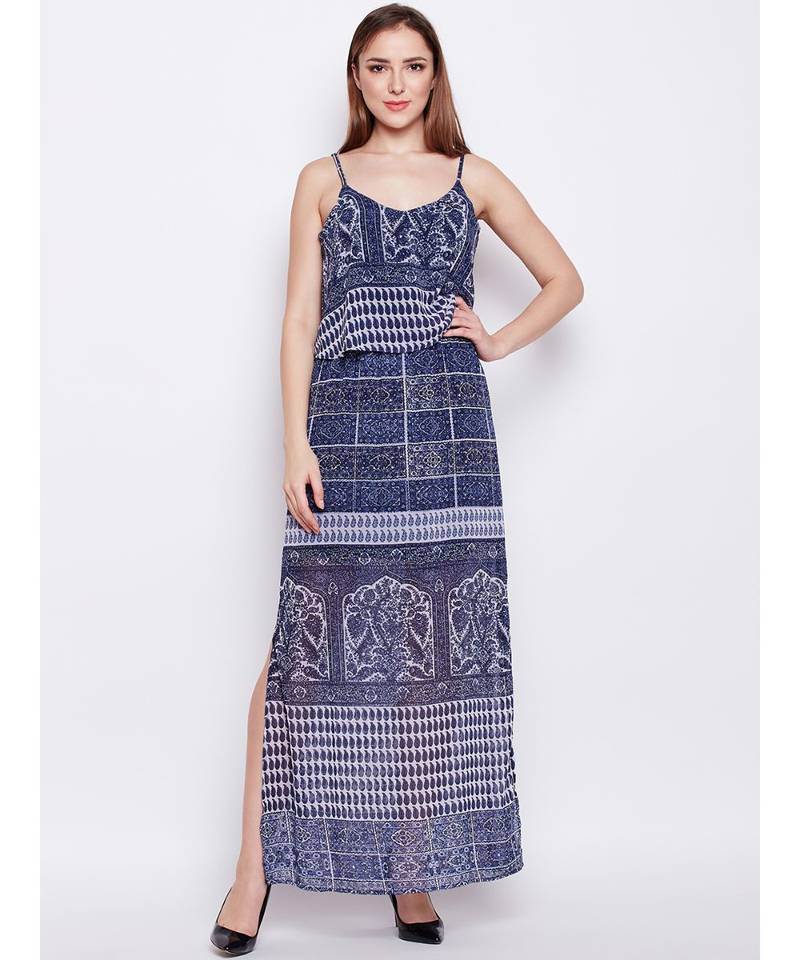 blue printed Polyester Dress