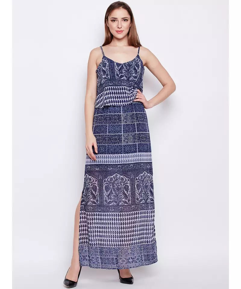 blue printed Polyester Dress