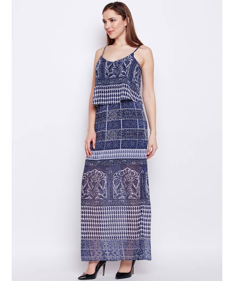 blue printed Polyester Dress