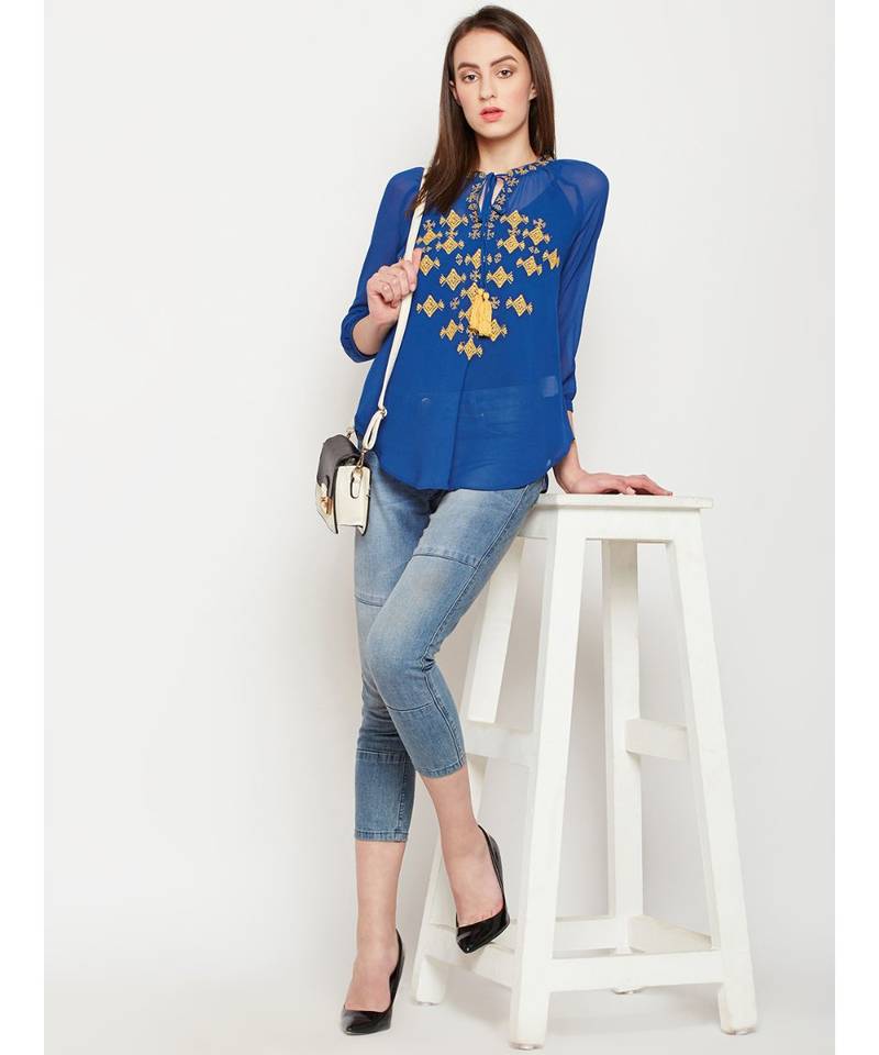 Teal plain POLYESTER Top