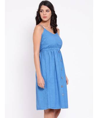 Blue plain Cotton Dress 3