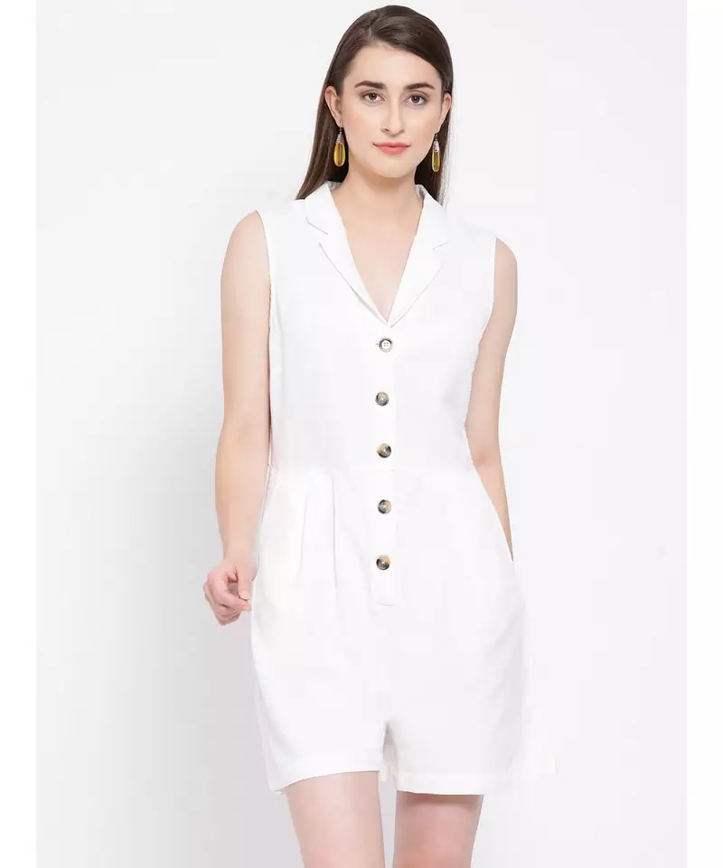 White plain Cotton Playsuit