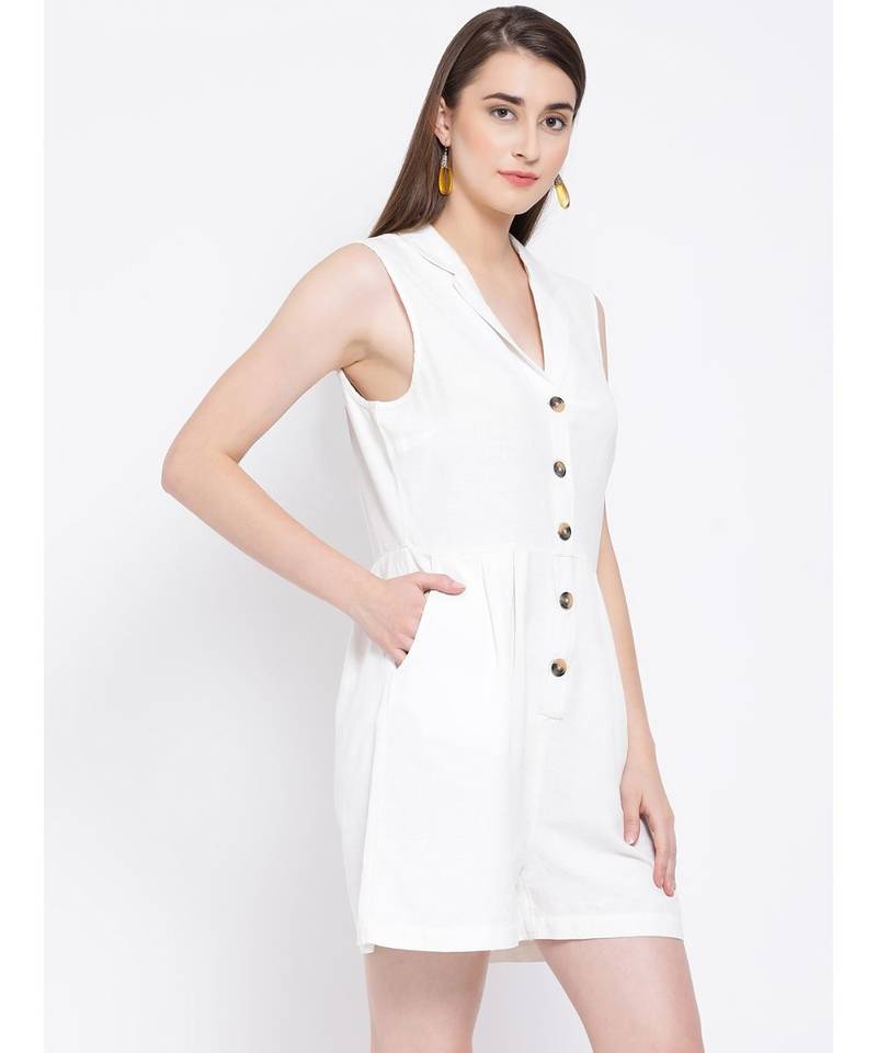 White plain Cotton Playsuit