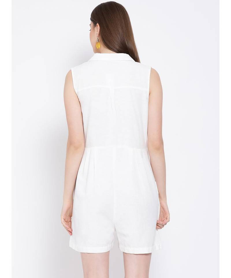 White plain Cotton Playsuit