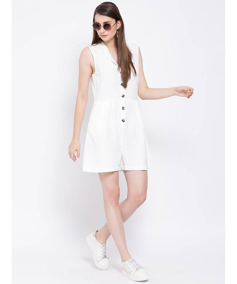 White plain Cotton Playsuit