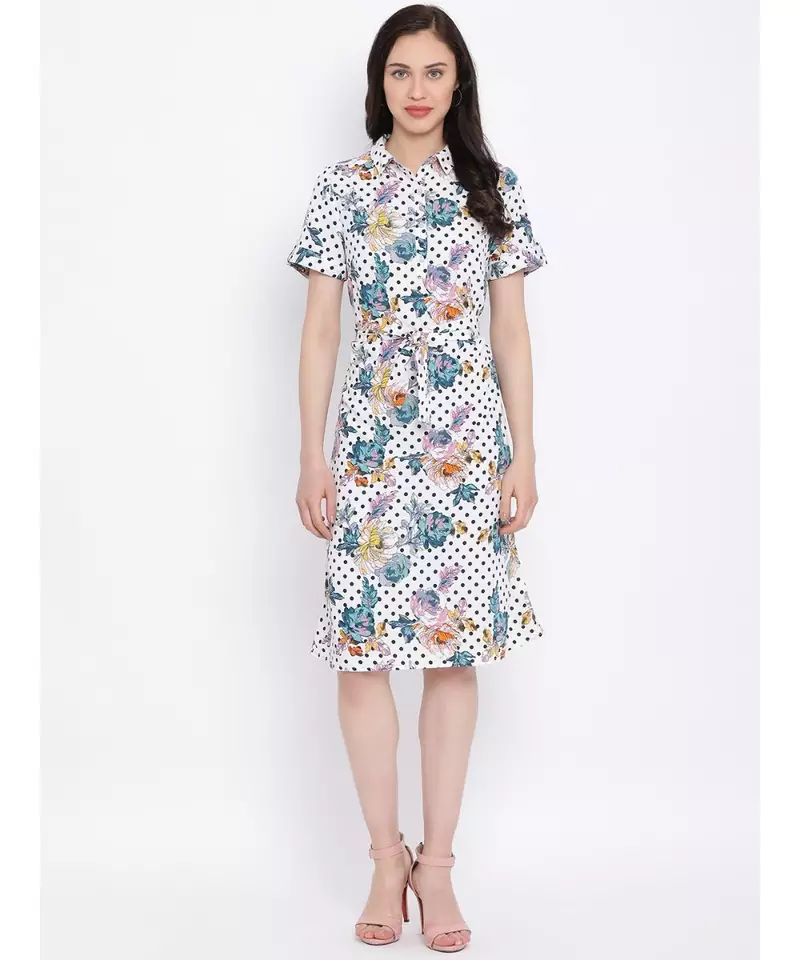 White printed Polyester Dress