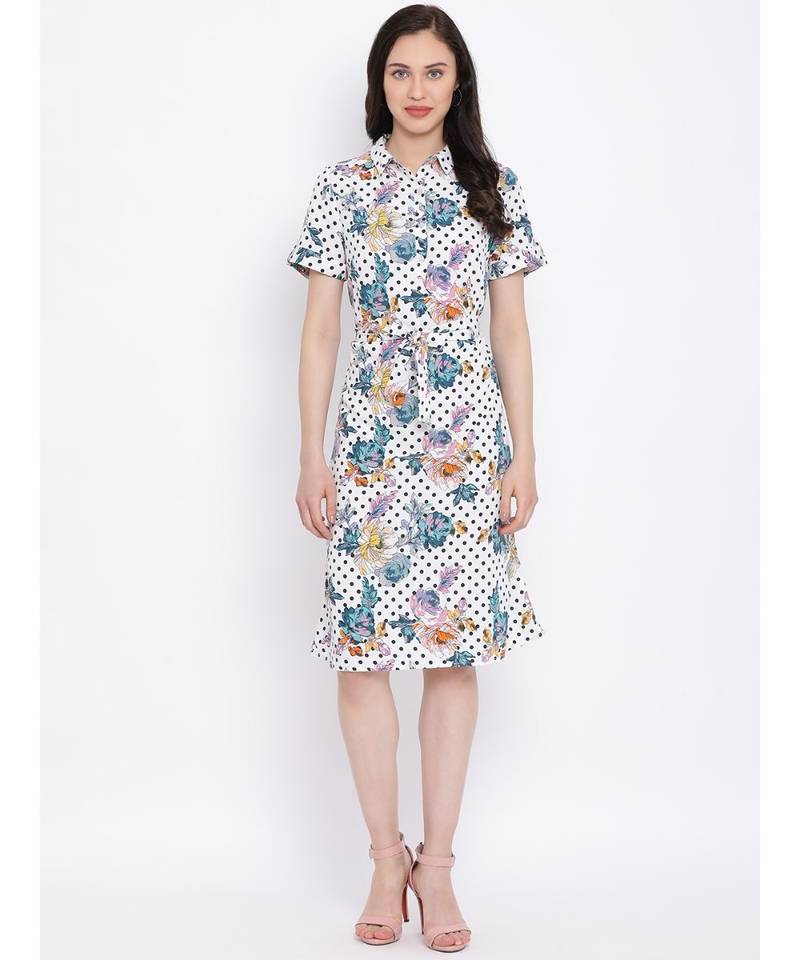 White printed Polyester Dress